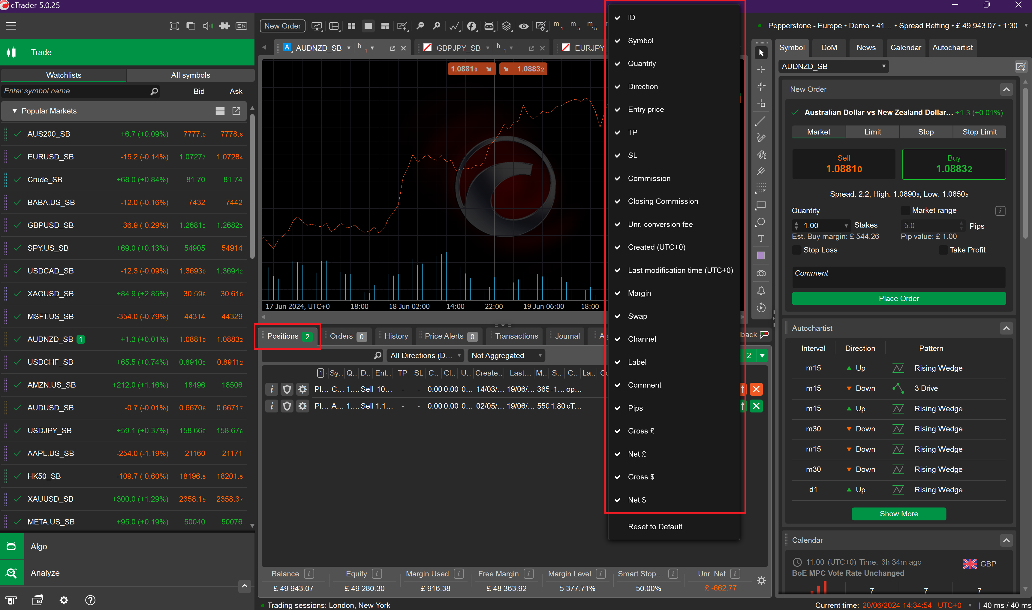 cTrader Positions Columns