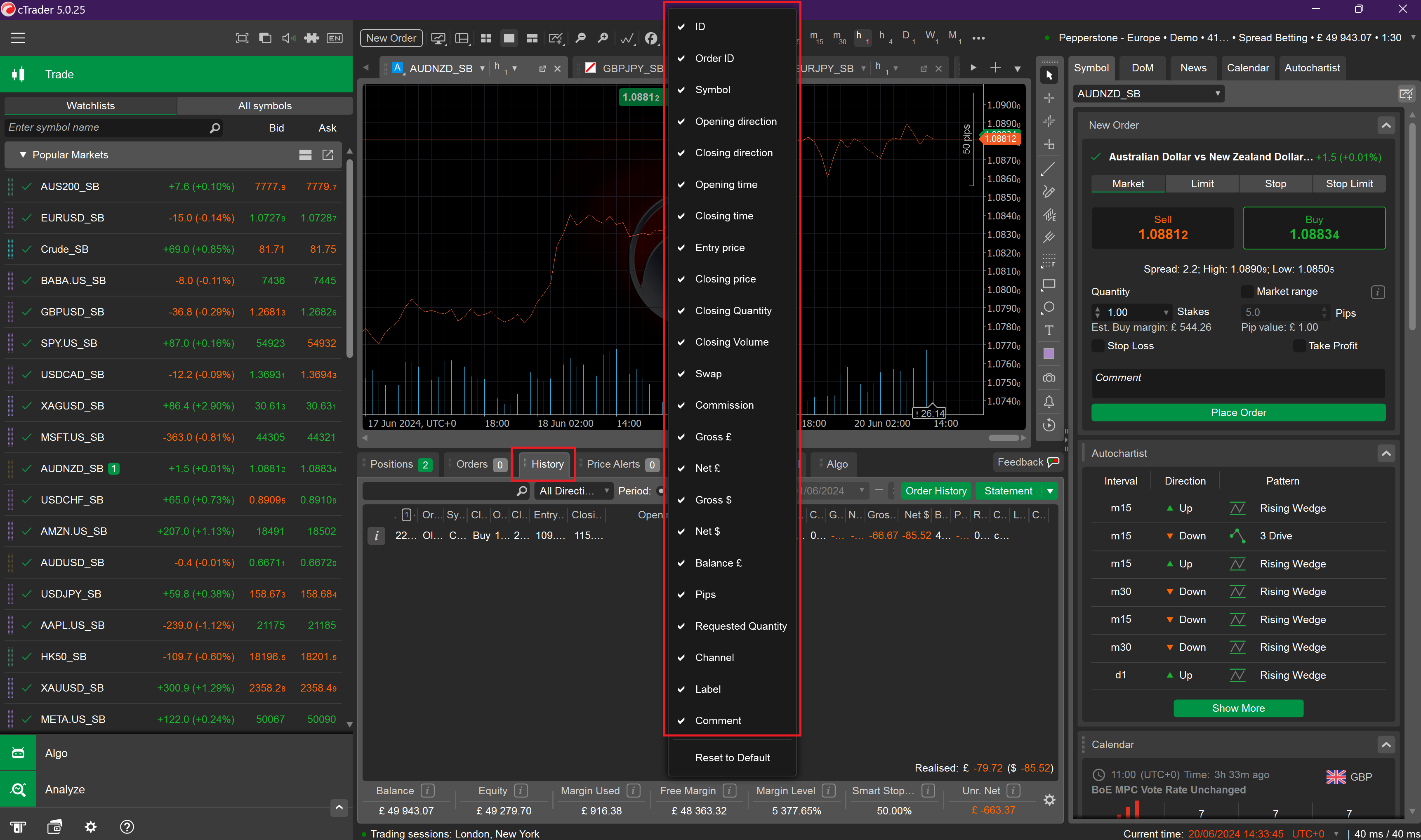 cTrader History Columns