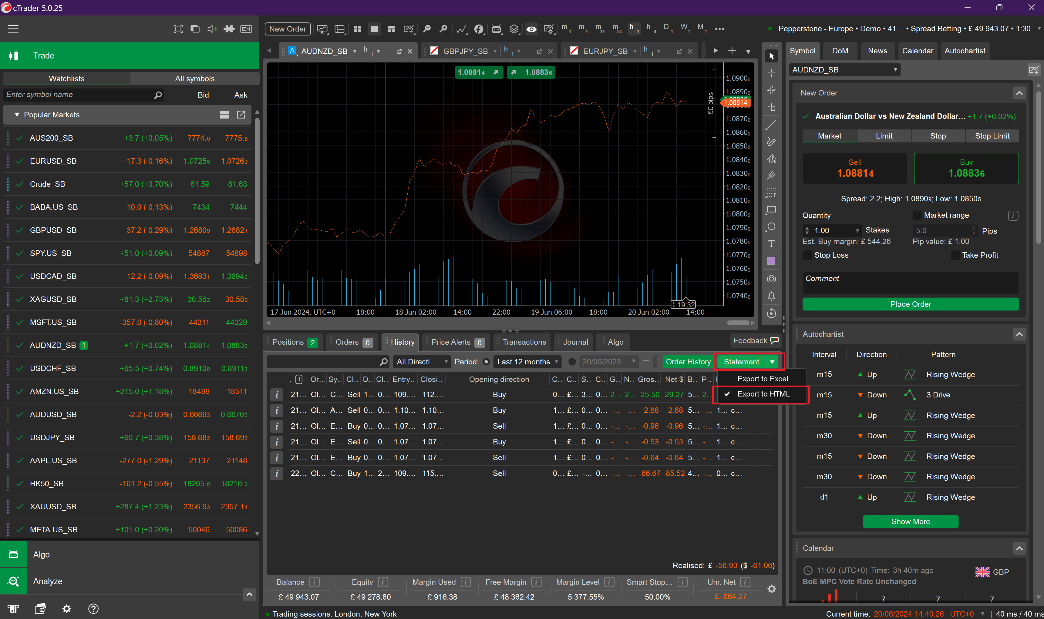 cTrader Export Statement